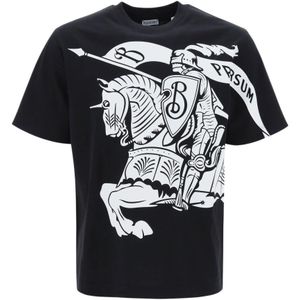Burberry, Tops, Heren, Zwart, M, Katoen, Equestrian Knight Design T-shirt met print
