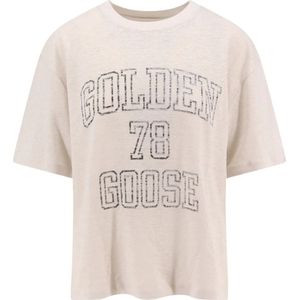 Golden Goose, Tops, Dames, Wit, L, Linnen, Witte T-shirts en Polos met Geribbelde Ronde Hals