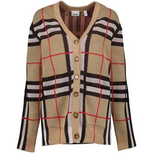 Burberry, Truien, Dames, Beige, S, Leer, Geruite Cardigan V-Hals Vintage Print