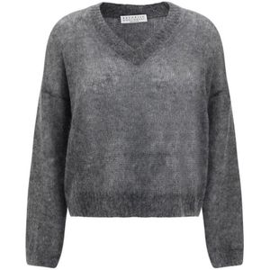 Brunello Cucinelli, Truien, Dames, Grijs, S, Wol, Mohair V-Neck Sweater met Ribbed Hem