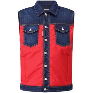 Dsquared2, Jassen, Heren, Rood, 2Xl, Denim, Denim Puffer Vest met Jeans Appliqué