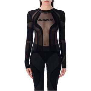 Misbhv, Blouses & Shirts, Dames, Zwart, M, Polyester, Zwarte Flock Mesh Sport Longsleeve Top