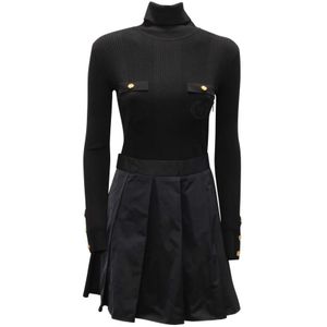 Elisabetta Franchi, Kleedjes, Dames, Zwart, S, Nylon, Geribbelde Gebreide Minijurk met Geplooide Rok