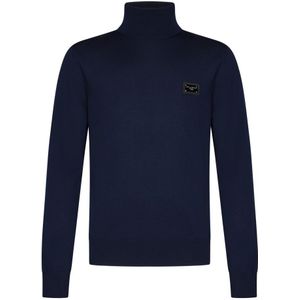 Dolce & Gabbana, Truien, Heren, Blauw, 2Xl, Wol, Blauwe Geribbelde Coltrui Trui