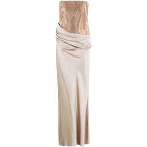 Retrofête, Kleedjes, Dames, Bruin, M, Satijn, Beige Satijnen Jurk met Strass Versieringen