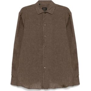 Brioni, Overhemden, Heren, Bruin, L, Linnen, Bruine Linnen Camp Kraag Shirt
