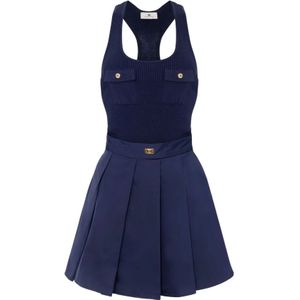 Elisabetta Franchi, Kleedjes, Dames, Blauw, L, Blauwe Zijden Jurk met Gouden Knopen