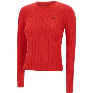 Polo Ralph Lauren, Truien, Dames, Rood, L, Katoen, Rode Kabeltrui met Logo
