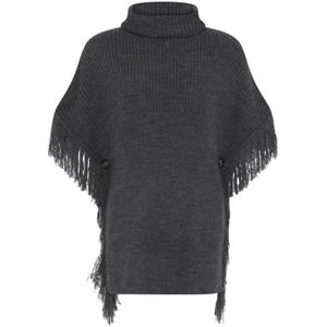 Skovhuus, Truien, Dames, Grijs, XL, Mode Poncho met Franje in Grijs