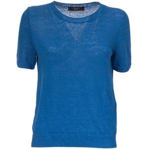 Max Mara Weekend, Tops, Dames, Blauw, M, Linnen, Zacht Linnen Gebreid Geribbelde T-Shirt