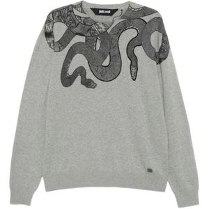 Just Cavalli, Truien, Heren, Grijs, L, Katoen, Slangenprint Grijs Gebreid T-shirt