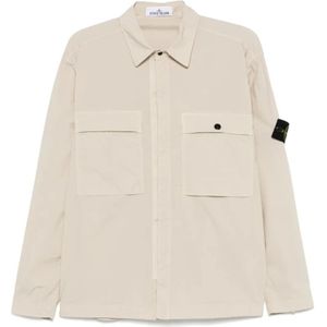 Stone Island, Jassen, Heren, Beige, L, Klassieke Beige Overshirt met Kompas Badge