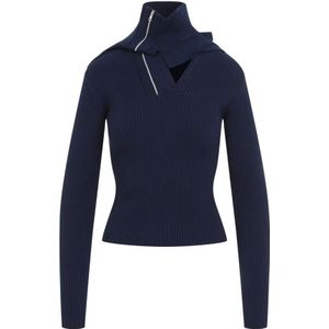 Y/Project, Truien, Dames, Blauw, S, Katoen, Navy Aansluitende Trui met Geplooide Schouders