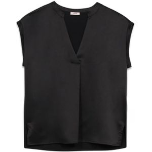 Oltre, Blouses & Shirts, Dames, Zwart, M, Katoen, V-hals T-shirt van twee materialen