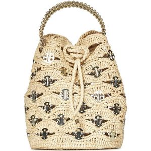 Rabanne, Tassen, Dames, Beige, ONE Size, Beige Raffia Bucket Tas Schouderband