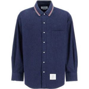 Thom Browne, Overhemden, Heren, Blauw, M, Katoen, Oversized Flanellen Overhemd met Tricolore Band