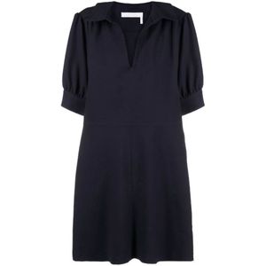 See by Chloé, Kleedjes, Dames, Blauw, S, Katoen, Blauwe Casual Midi Jurk met Polo