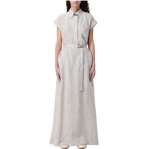 Brunello Cucinelli, Kleedjes, Dames, Beige, L, Linnen, Elegante Linnen Maxi Shirt Jurk