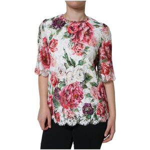 Dolce & Gabbana, Blouses & Shirts, Dames, Veelkleurig, 2Xs, Katoen, Witte Bloemen Kant Korte Mouw Blouse