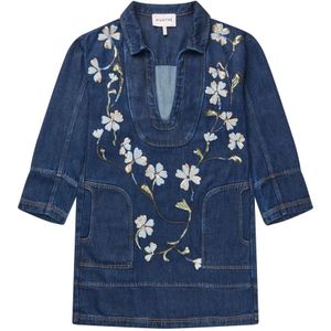 Munthe, Kleedjes, Dames, Blauw, M, Denim, Elegante denim jurk met bloemenpatroon