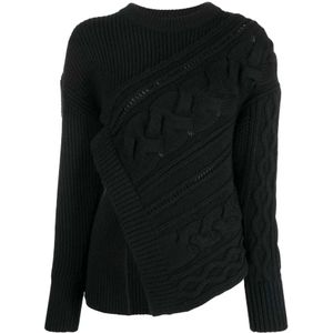 Alexander McQueen, Truien, Dames, Zwart, M, Wol, Asymmetrische Wollen Trui met Geribbelde Details