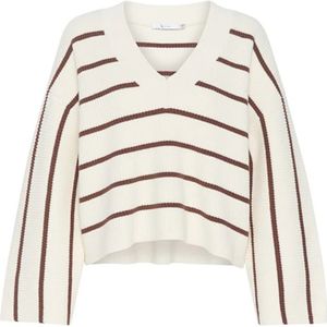 Gestuz, Truien, Dames, Beige, M, Katoen, V-hals Pullover met Bruine Strepen