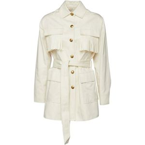 Pinko, Jassen, Dames, Wit, S, Katoen, Crèmekleurig Jasje met Franjes en Verstelbare Taille