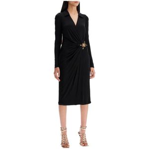 Versace, Kleedjes, Dames, Zwart, L, Leer, Gekruiste Gedrapeerde Jersey Jurk