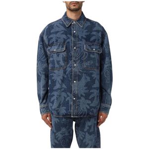 Palm Angels, Overhemden, Heren, Blauw, L, Denim, Blauwe Denim All Over Print Shirt