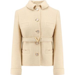 Valentino, Jassen, Dames, Beige, M, Wol, Wollen Blazer met Leren Riem