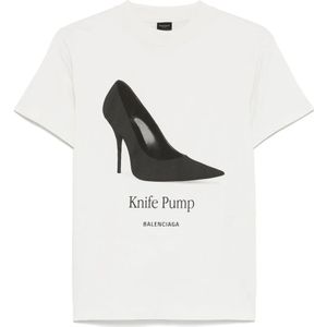Balenciaga, Tops, Dames, Wit, S, Katoen, Wit Licht Grijs Mes Pomp T-shirt