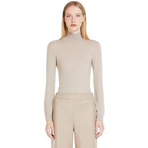 Max Mara, Truien, Dames, Grijs, M, Wol, Beige Jersey High Neck Ribgebreide Trui