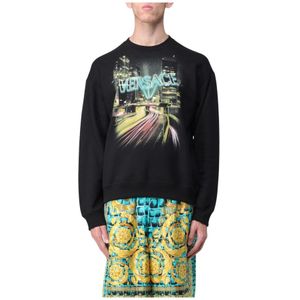 Versace, Sweatshirts & Hoodies, Heren, Zwart, M, Katoen, Zwart Grafisch Print Sweatshirt