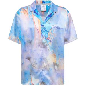 Carlo Colucci, Overhemden, Heren, Blauw, M, Polyester, Ornament Gebreid Oversized Shirt