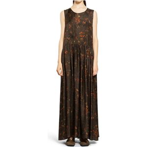 UMA Wang, Kleedjes, Dames, Bruin, L, Satijn, Bloemen Satijnen Jurk met Ronde Hals
