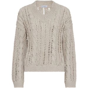 Brunello Cucinelli, Truien, Dames, Grijs, M, Katoen, Geribbelde V-hals Trui