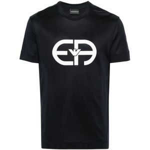 Emporio Armani, Tops, Heren, Blauw, L, Katoen, Blauwe T-shirts en polo`s met logo-opdruk