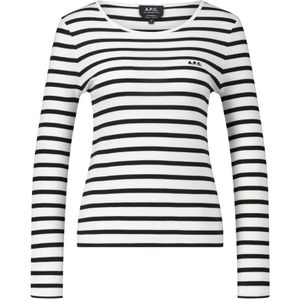 A.p.c., Tops, Dames, Wit, L, Katoen, Gestreept katoenen shirt met lange mouwen