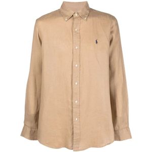 Polo Ralph Lauren, Overhemden, Heren, Beige, M, Linnen, Geborduurd Linnen Overhemd