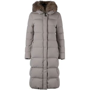 Moorer, Mantels, Dames, Grijs, S, Polyester, Lange gewatteerde jas met afneembare bontkraag