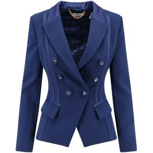 Elisabetta Franchi, Jassen, Dames, Blauw, M, Satijn, Blauwe double-breasted jas met satijnen details