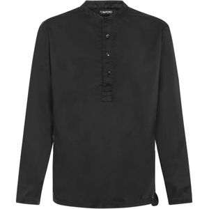 Tom Ford, Overhemden, Heren, Zwart, S, Zwart Zijden Shirt met Ronde Hals en Asymmetrische Zoom