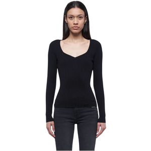 John Richmond, Tops, Dames, Zwart, L, Nylon, Ribgebreide Top met Lange Mouwen en Hartvormige Halslijn
