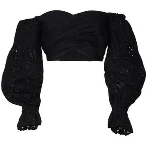 Self Portrait, Blouses & Shirts, Dames, Zwart, M, Katoen, Zwarte Hartvormige Top met Ballonmouwen