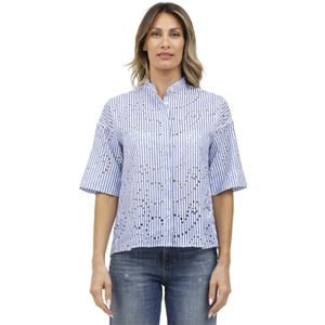Caliban, Blouses & Shirts, Dames, Blauw, XL, Gestreepte korte mouwen overhemd in Sangallo