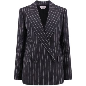 Alexander McQueen, Jassen, Dames, Zwart, S, Wol, Zwart Wol Double-Breasted Blazer