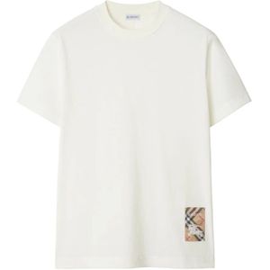 Burberry, Tops, Heren, Wit, S, Katoen, Wit T-shirt van jersey met ruitpatroon