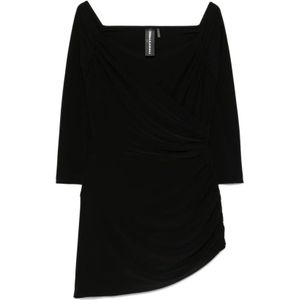 Norma Kamali, Kleedjes, Dames, Zwart, S, Leer, Gedrapeerde Off-Shoulder Jurk