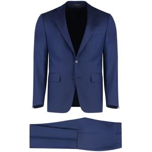 Canali, Pakken, Heren, Blauw, M, Wol, Wollen Pak Jas Broek Set