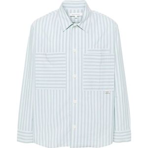 Maison Kitsuné, Overhemden, Heren, Blauw, M, Katoen, Blauw Gestreept Overhemd met Zakken aan de Voorkant